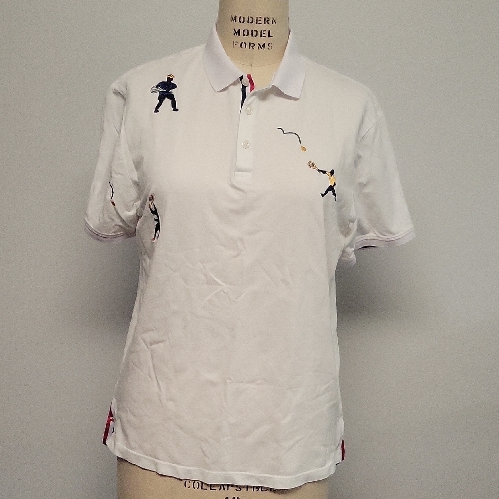 Jindima White Polo Shirt with Embroidered Tennis Players, Size 3XL
